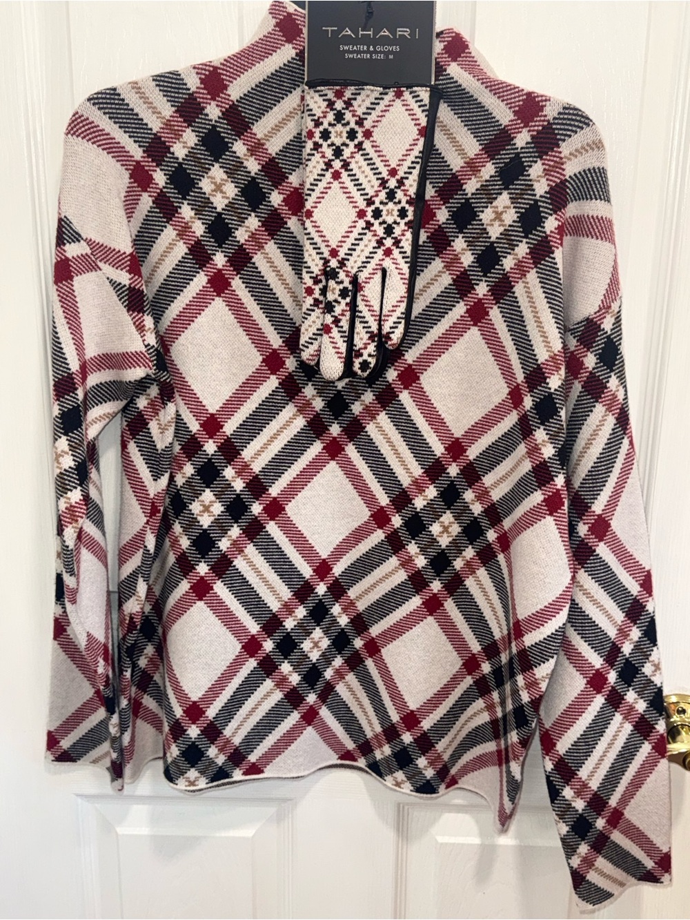 Tahari Cream Plaid Cowl Sweater with Burgundy and Black